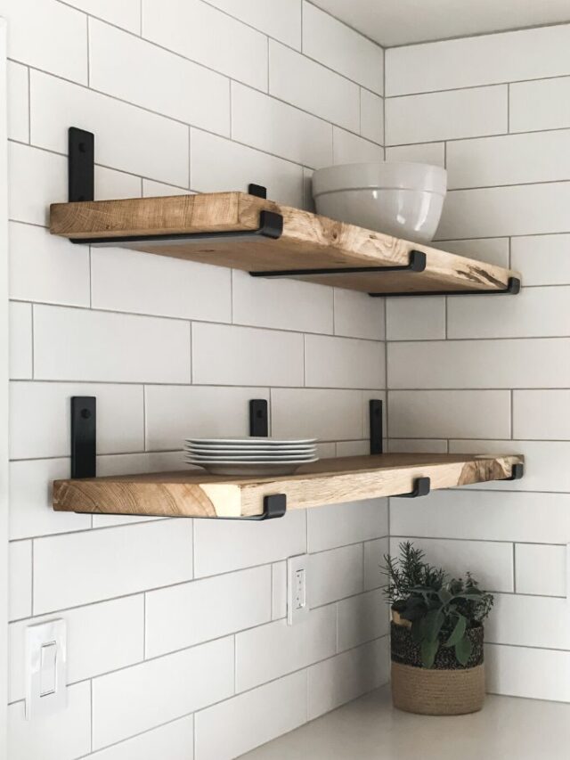 kitchen wood shelves with metal brackets and white backsplash
