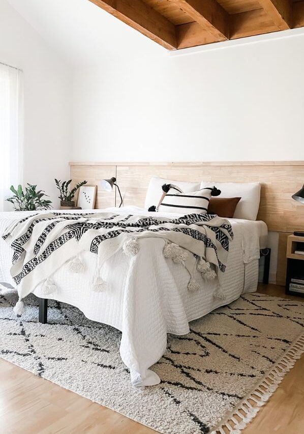 bedroom with bed, blanket, and rug
