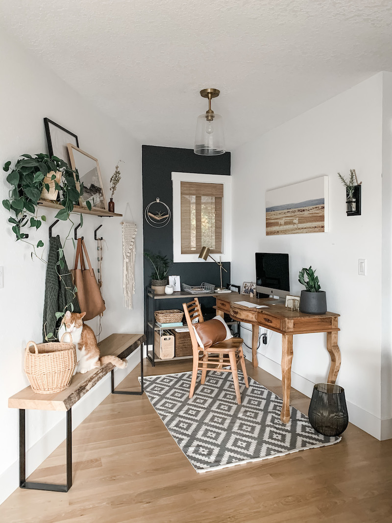 office nook with neutral, boho decor