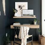 bedroom office with black wall with text: Bedroom Office Nook Ideas