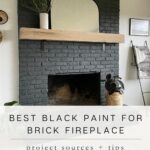 black brick fireplace with text: best paint for brick fireplace