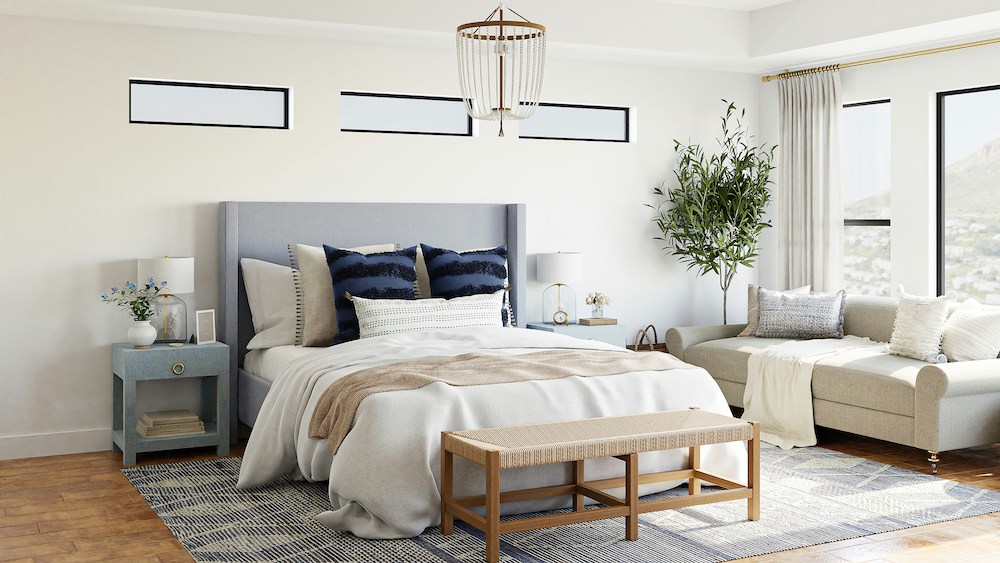 AI Bedroom with bed, bench, bedding, chandelier, and three windows to show the downsides of AI in home design