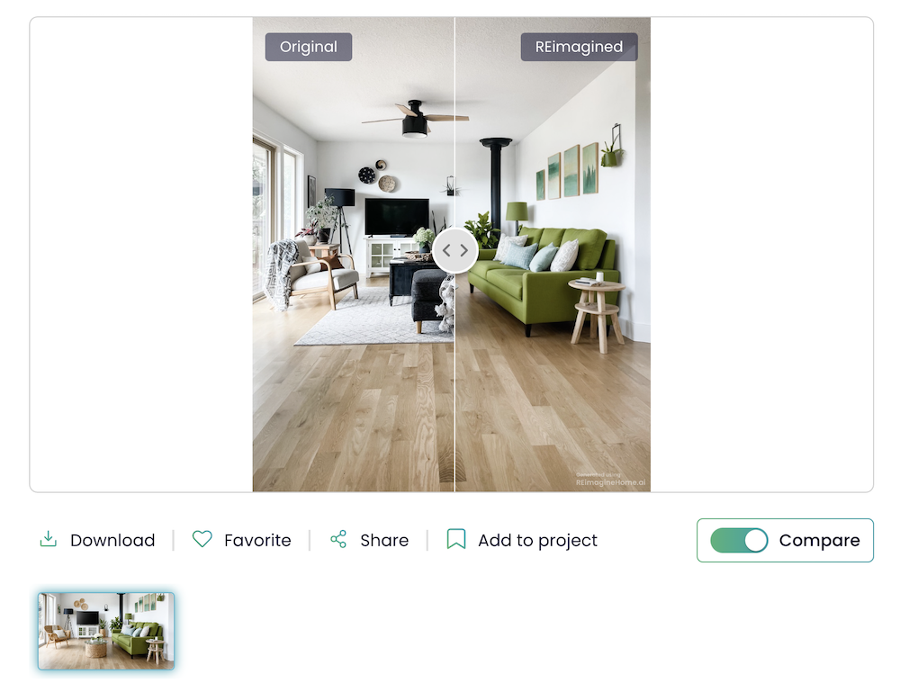 AI living room preview with green couch, wood floors, chairs and artwork to show the how unhelpful AI home design can be