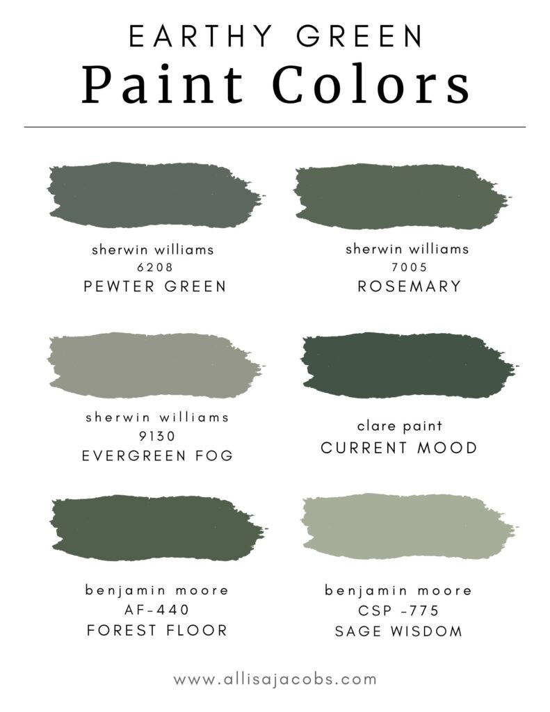 collage of earthy green paint colors
