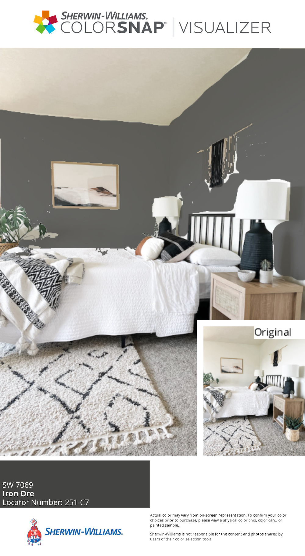 Bedroom with bed and decor and dark gray walls shown on the Sherwin Williams Paint Color Visualizer app