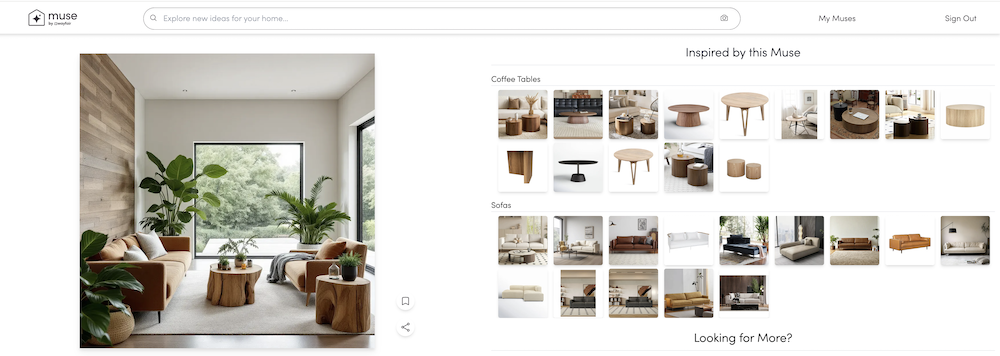 wayfair muse AI tool showing living room and product suggestions