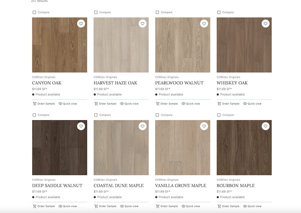 Coretec flooring brand LVP screenshot of wood color options including maple and oak