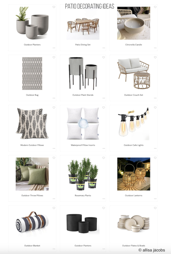 collage of patio decor items including planters, outdoor rugs, pillows, patio furniture, lights, and candles
