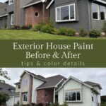 before and after college with the house shown in a light butter yellow and after in a dark gray paint color