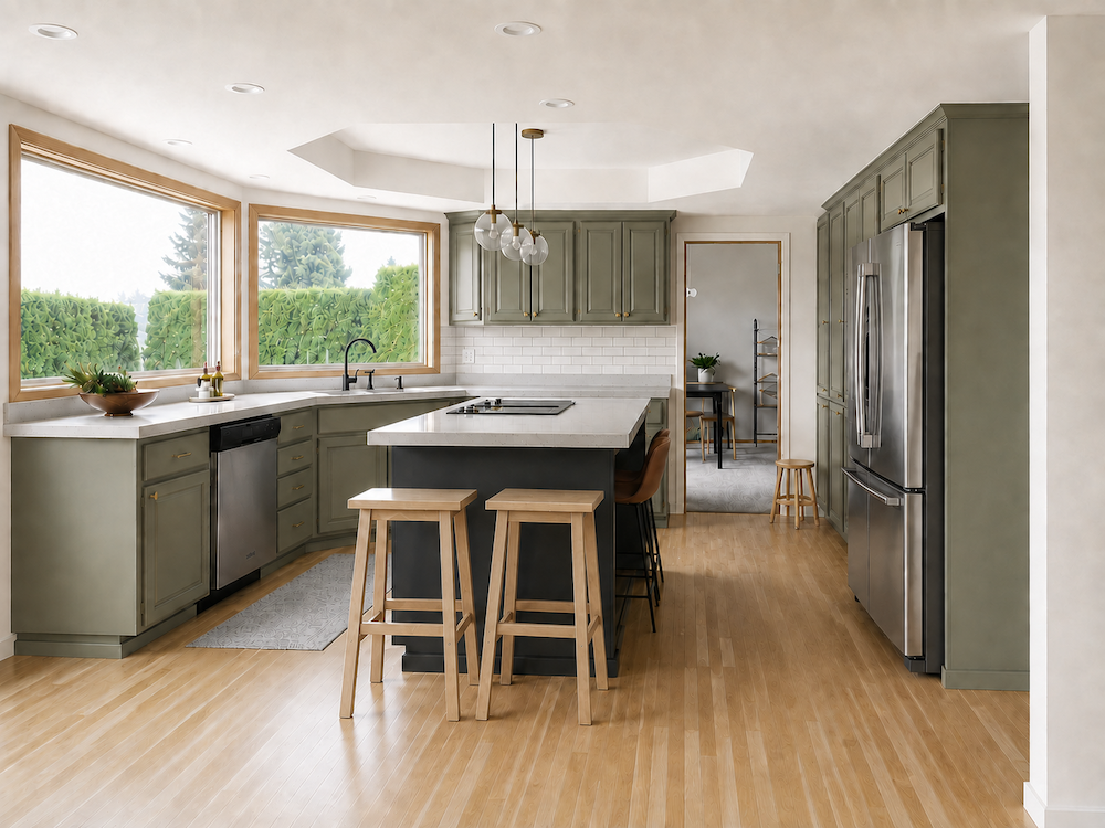 kitchen rendering with green painted cabinets, black kitchen island, quartz countertops, and wood decor