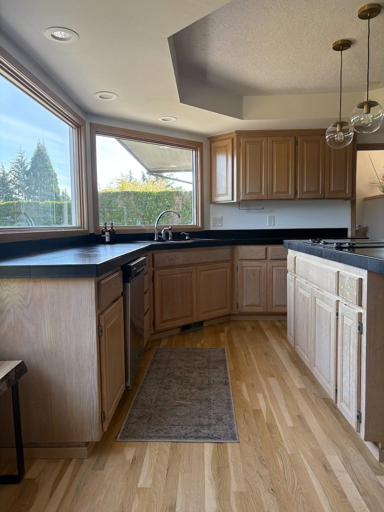 kitchen with oak wood cabinets